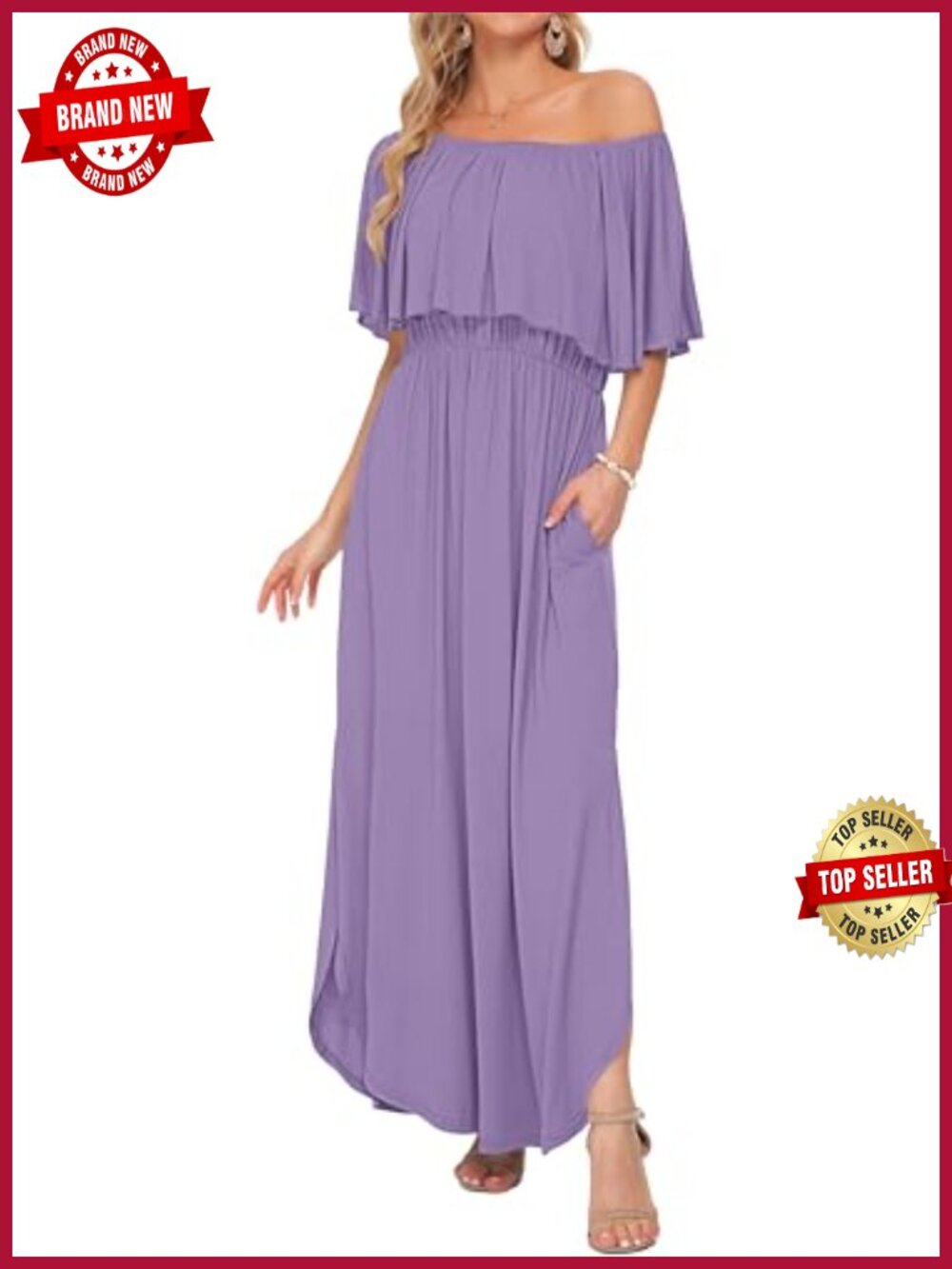 Off Shoulder Ruffle Maxi Dress with Pockets - Boho Summer